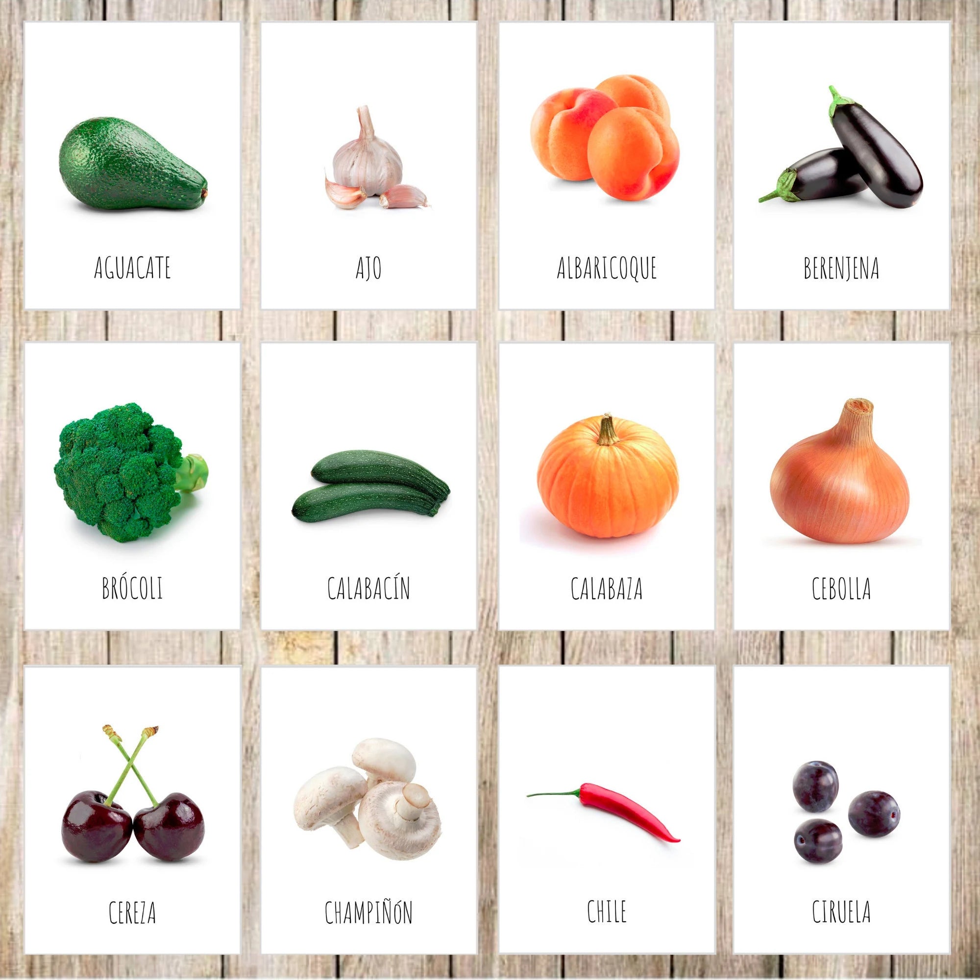 Tarjetas Montessori de frutas y verduras