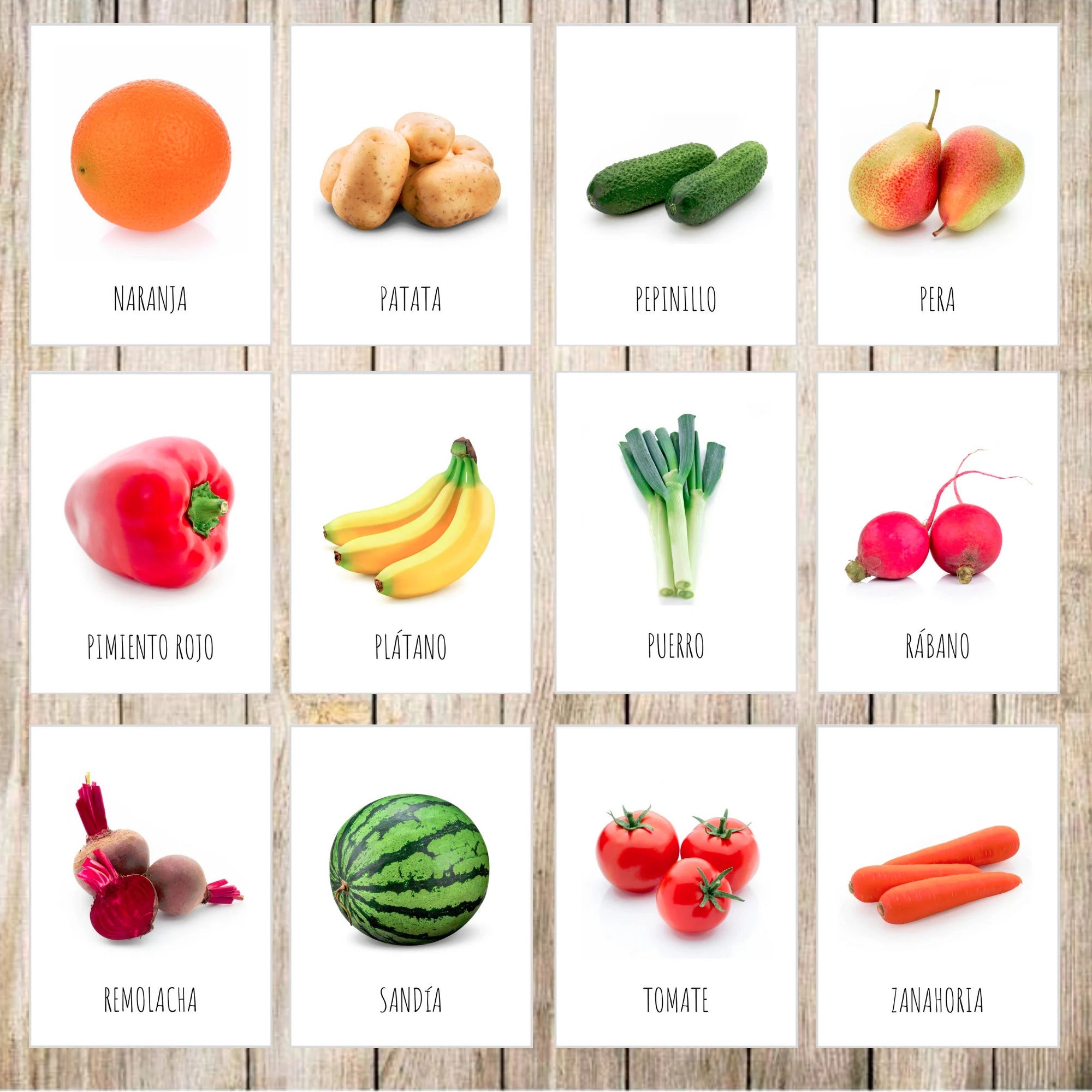 Tarjetas Montessori de frutas y verduras